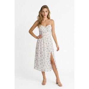 Windsor Floral Lace Bustier Midi Dress White Blue Sweetheart Slit Cottagecore L